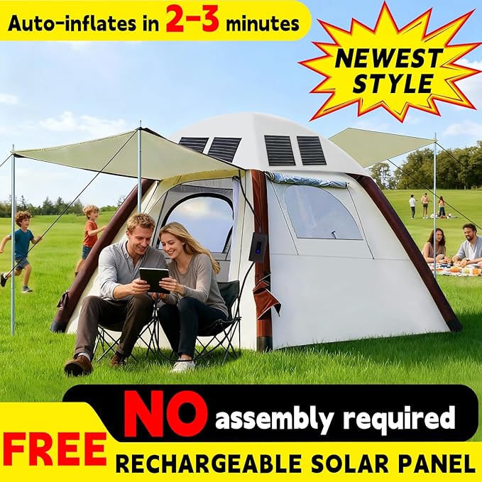 Automatic Inflatable Tents for Camping 4 Person with Solar Panel Easy Set Up Pop Up Tents for Camping with 2-3 Min Family Tents for Camping Windproof Waterproof Blow Up Tents for Traveling
