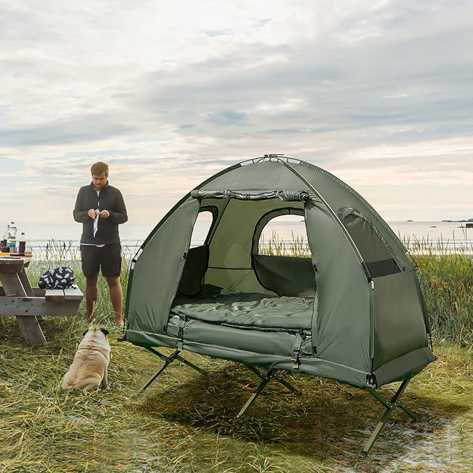 Goplus Camping Tent Cot 5-in-1 Folding Camping Bed with Awning Air Mattress Sleeping Bag Bedspread Off Ground Elevated 1-2 Person Cot Tent with Carrying Bag Air Pump for Camping Picnic Outdoor