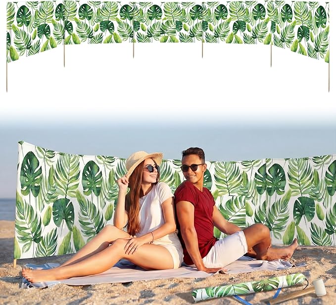 20ft Palm Beach Windscreen Set Long Privacy Screen with 6 Hardwood Poles Rubber Mallet and Carry Bag Portable Beach Fence Wind Blocker for Summer Outdoor Sand Wind Protection