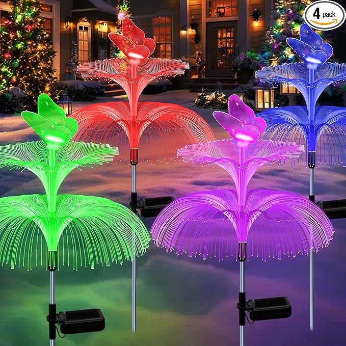 4 Pack Solar Garden Lights Gardening Birthday Gifts for Mom Grandma Women Waterproof 7 Color Changing Jellyfish Light with Butterfly Solar Flower Lights for Outdoor Pool Yard Garden Decor