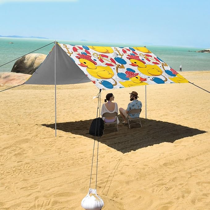ALAZA Yellow Duck Lifebuoy Beach Tent Sun Shelter UPF50+ Protection Beach Shade Canopy w/ 4 Sandbags for Outdoor Camping Fishing Backyard Fun Picnic 10x9 ft