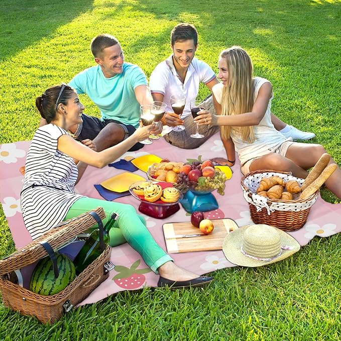 Waterproof Sandproof Beach Blanket 59''×68'' Strawberry Decoration Polyester Outdoor Picnic Blanket with 4 Stakes &amp Storage Bag for BeachCampingVacation Pink