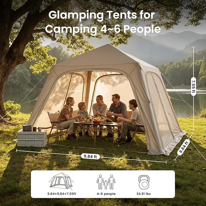 Inflatable Tents for Camping Large Blow Up Tent with Hand Pump Easy Setup InflatableTent 4 Season Tent Waterproof Oxford Air Glamping Tents for Camping Adult 4/6 Person