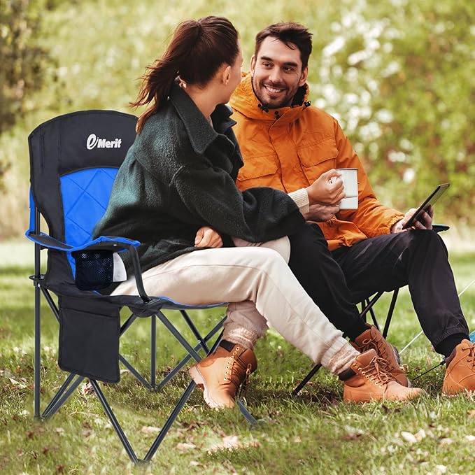 EMERIT Oversized Padded Camping Chair 350LB Heavy Duty Quad Fold Chair with Arms Collapsible Outdoor Chairs with Lumbar Back &amp Cup Holder