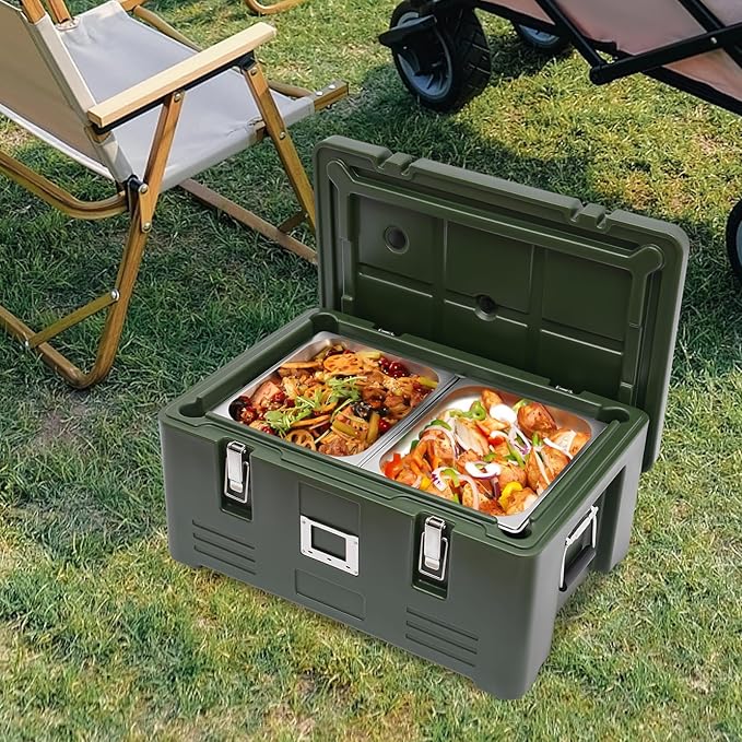 Insulated Food Pan Carrier Box with 2 Food Pans 31.7Qt Hot Cold Storage Container for Catering Camping Outdoor Picnics Green