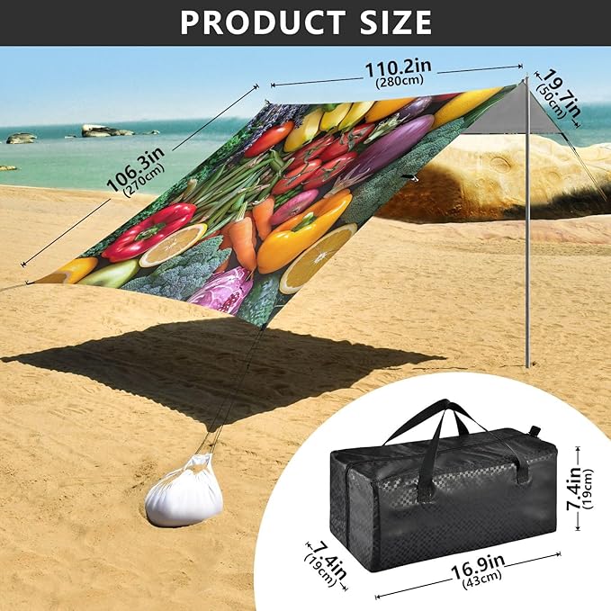 Fruits and Vegetables Beach Tent Sun Shelter 9.2' x 10.5' Beach Canopy with 4 Sandbags 4 Stability Poles Sand Shovels - Tent Canopy for Beach Camping Fishing Picnics