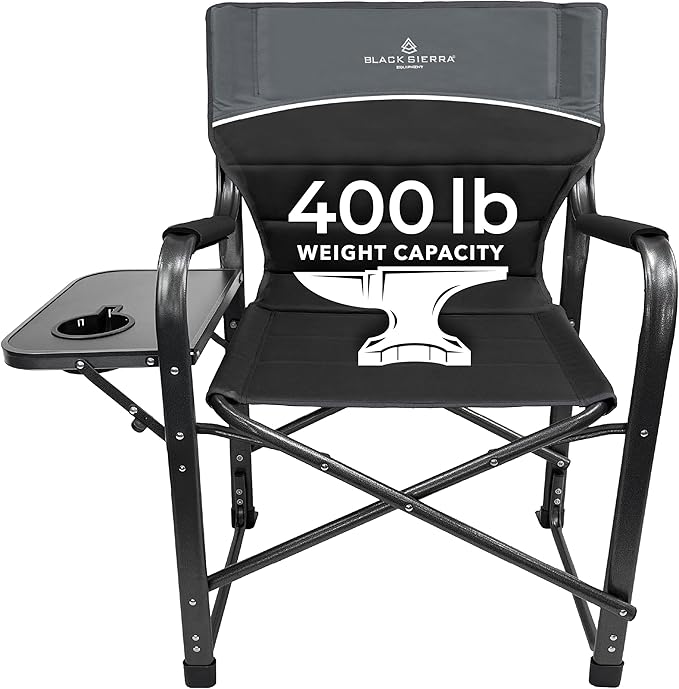 XL Directors Chair with Foldable Side Table Heavy Duty Camp Chair Supports 400 Lbs Oversize Outdoor Folding Seat with High Back and Padded Armrests for Lawn Beach Tailgating Sports (Black)