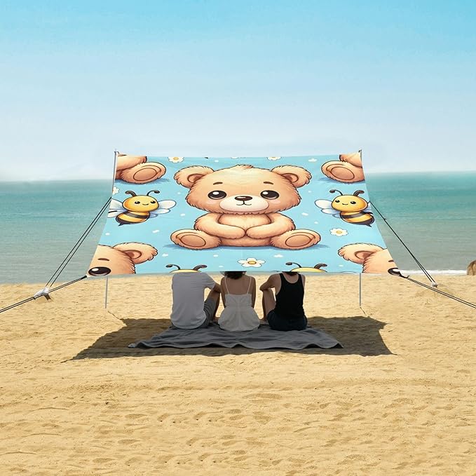 Cute Teddy Bear Sit with Bee on Blue Background Camping Sun Shelter Beach Tent Portable Beach Sun Shade Outdoor Canopy for Camping Trips Fishing Picnic