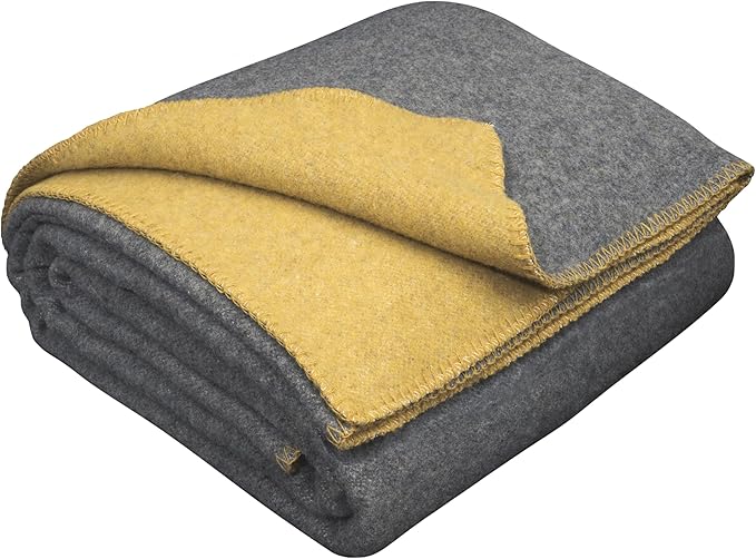 LYHome Merino Wool Blanket - Outdoor Camping and Hiking Throw Extra Warm Army Military &amp Hunting Blankets for Cold Weather Warmest Plaid Pure Sheep Wool (59 x 84 | Mustard - Gray Double-Sided)