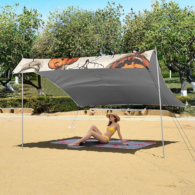 ALAZA Halloween Pumpkin Skull Beach Tent Sun Shelter UPF50+ Protection Beach Shade Canopy w/ 4 Sandbags for Outdoor Camping Fishing Backyard Fun Picnic 10x9 ft