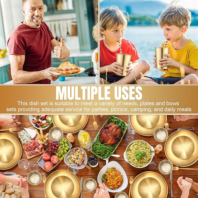 Jinei 30 Pcs 304 Stainless Steel Dinner Set Stainless Steel Plates and Bowls Include Plates Bowls Cups Forks Spoons Utensil Reusable Metal Camping Dinnerware Tableware for Home Picnic Kitchen (Gold)
