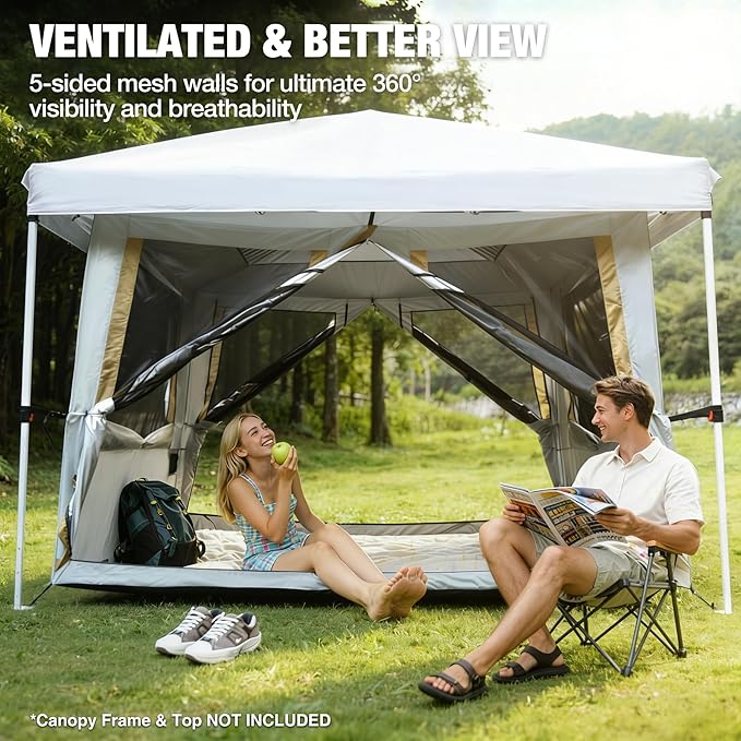 REDCAMP Canopy Camping Tent for Pop Up Canopy Inner Tent with Mesh Window Converts Straight Leg 10ft Canopy into Camping Shelter Fits 4-6 Person Khaki White(Frame/Shelter NOT Included)