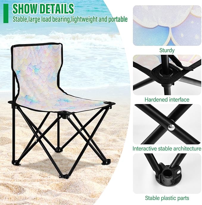 White Fish Scale Shimmering Foldable Heavy Duty Camping Chairs Lightweight Camping Chair Includes Carry Bag Lawn Chairs for Adults Heavy Duty for Indoor Traveling
