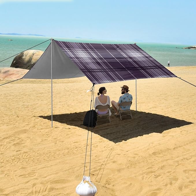 Beach Tent Sun Shelter Dark Blue Plaid Lightweight &amp Easy Setup Beach Shade Canopy for Camping Fishing