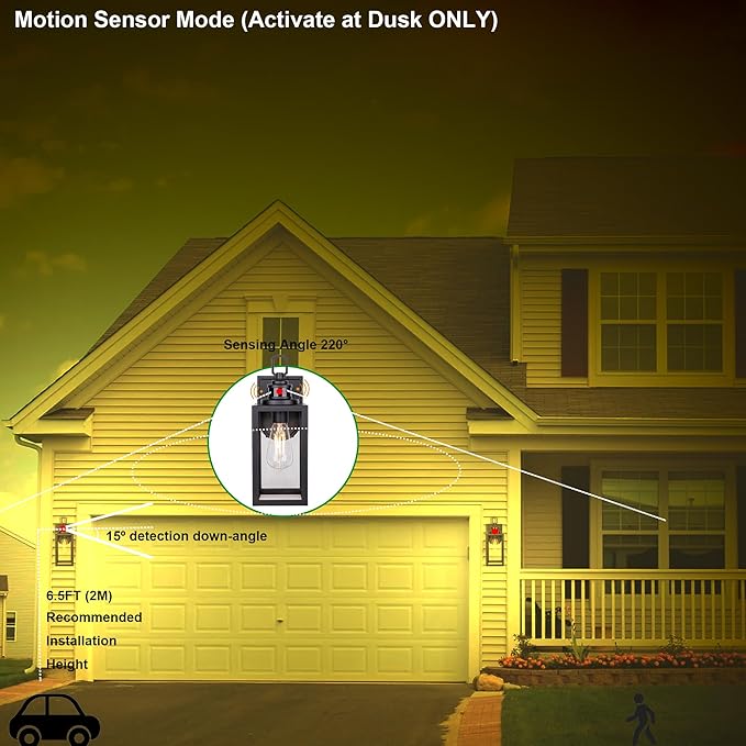 GRUENLICH Dusk to Dawn Outdoor Wall Lantern PIR Motion Sensor Wall Sconce E26 Base Max 60W Metal Housing Plus Glass Matte Black Finish Bulb Not Included 2-Pack