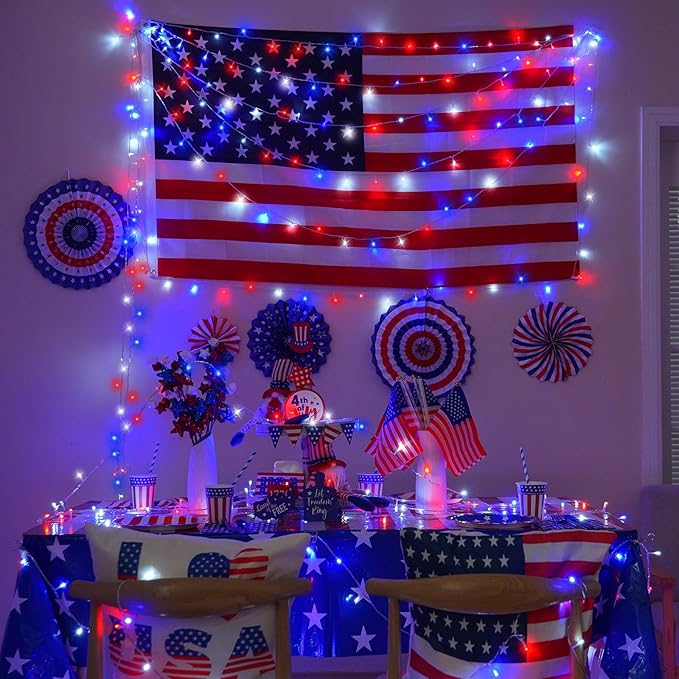 YEGUO 165ft 500 LED Red White and Blue Lights 4th of July Decorations String Lights Plug in Indoor Outdoor 8 Modes Clear Wire Patriotic Light for Independence Day Holiday Memorial Day Party Decor
