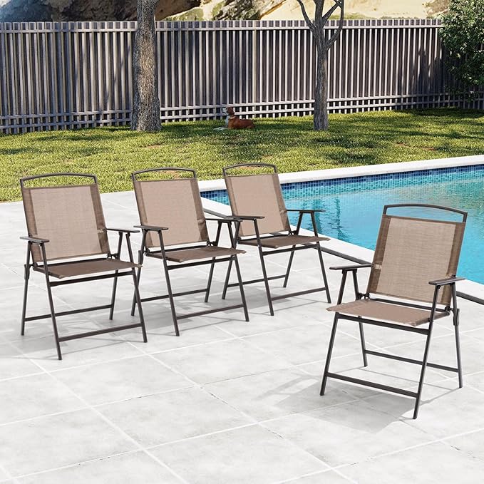 Crestlive Products Set of 4 Patio Folding Chairs 4-Pack Dining Chairs Outdoor Portable Sling with Armrest for Camping Beach Garden Pool Backyard Deck (Brown)
