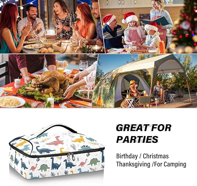 Casserole Carrier Pattern DinosaursInsulated Casserole Carrier for Hot or Cold Food Thermal Lunch Tote for Potluck Parties Picnic Beach Fits 9 x 13 Inches Baking Dish