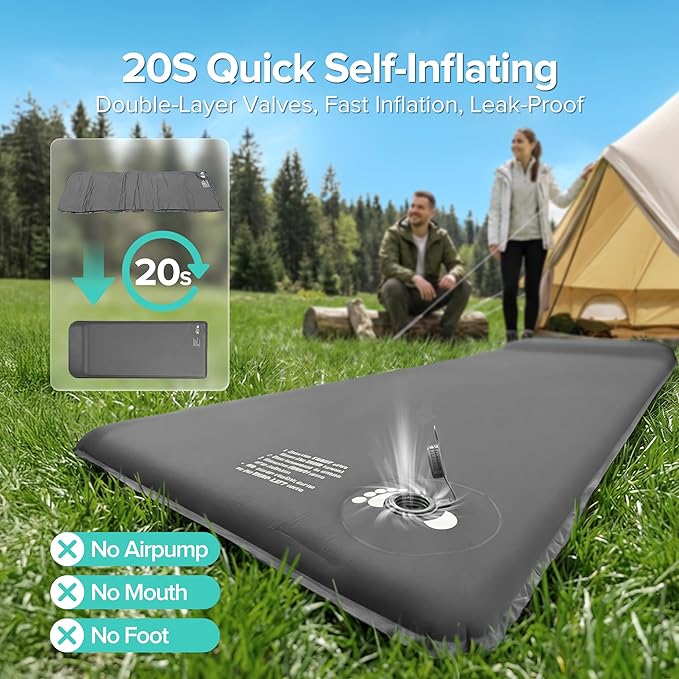 Self-Inflating Sleeping Pad for Camping 3.1 Ultra-Thick Outdoor Camping Mat with Pillow &amp 9.5 R-Value Insulated All-Season Foam Sleeping Pad for Camping Travel Tent Car (Gray)