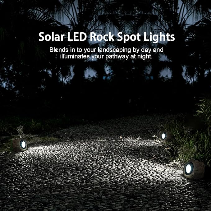 Solar Rock Lights 4 Pack Solar Powered Waterproof LED Spotlights Decorative for Outdoor Garden Pathway Walkway Yard Landscape Patio (Cool White)