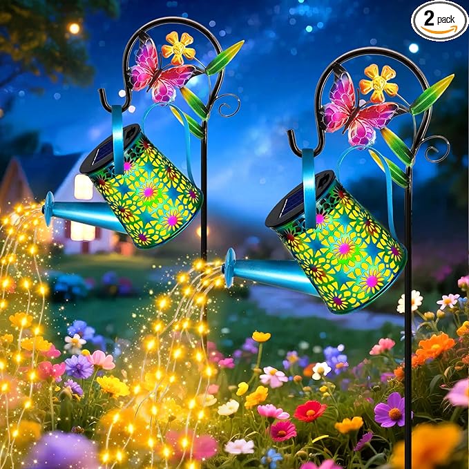 2 Pack Solar Lights Outdoor Decorative Blue Metal Solar Watering Can Lights Waterproof Gifts for Women Mom Grandma Birthday Hanging Lanterns Decoration Garden Decor for Outside Yard Patio Lawn