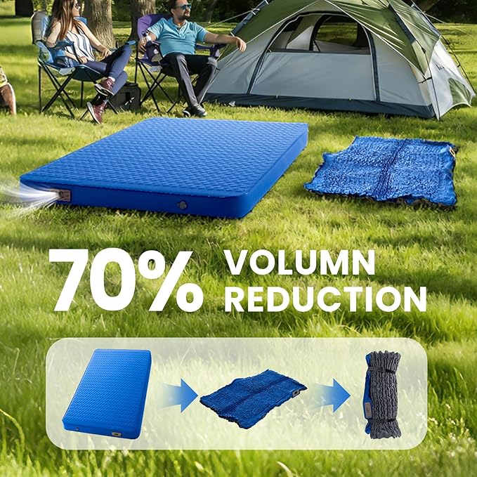 Self Inflating Double Sleeping Pad for Camping with Electric Pump 4 Inch Ultra Thick Memory Foam 2 Person Inflatable Sleeping Pad All Season Full Size Portable Camping Mattress for Travel Tent (Blue)
