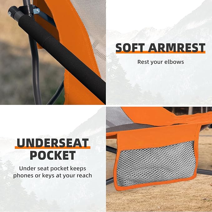 Portable Folding Beach Chair for Adults - Lightweight Low Back Sling Chair with Cup Holder &amp Storage Pocket 300lbs Capacity Camping Chair for Outdoor Lawn Concert Travel (Orange)