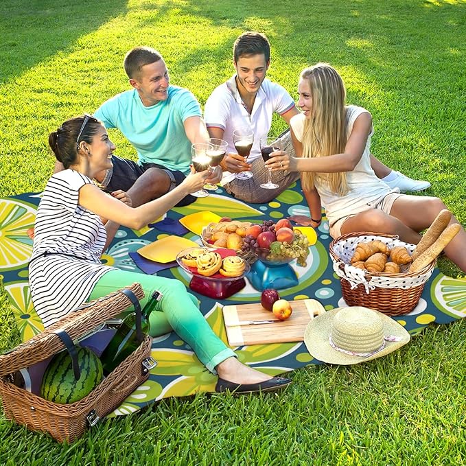 Waterproof Sandproof Beach Blanket 59''×68'' Fruit Lemon Polyester Outdoor Picnic Blanket with 4 Stakes &amp Storage Bag for BeachCampingVacation Yellow-Green