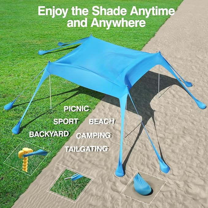 Rhino Valley Beach Tent Shade Canopy UPF50+ Protection 8 Sandbags 4 Stability Poles Outdoor Sun Shelter Umbrella for Sand Camping Fishing Essentials