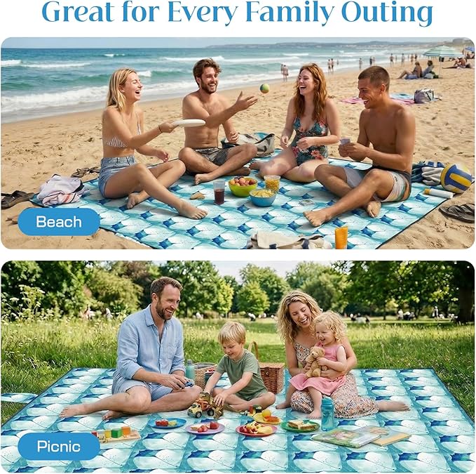 OIGAE 7x7ft Sandproof Beach Blanket - Large Waterproof Picnic Mat for 3-4 People Lightweight Sand Free Mat for Summer Vacation with 6 Stakes &amp 4 Corner Pockets for Beach Camping Festivals