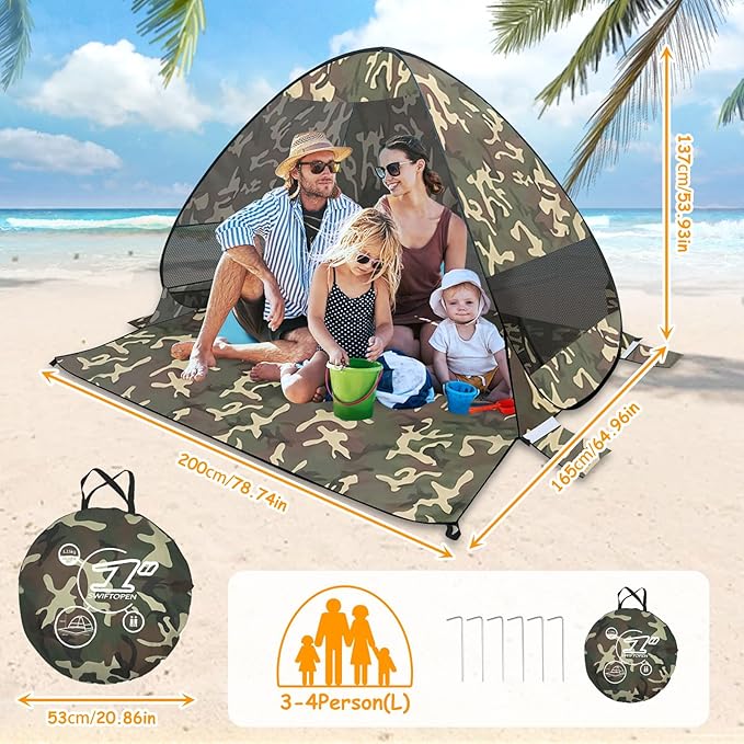Beach Tent Sun Shelter Outdoor Tent for 1-4 Persons with Carrying Bag and 6 Ground Pegs for Family Outdoor Adventures Camping Picnics (Camouflage)