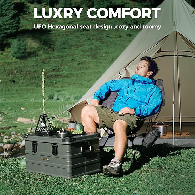 ATEPA UFO3.0 Backpacking Camping Chair Ultralight Extra Wide Comfortable Folding Chairs Heavy Duty Portable Hexagon Ergonomic Height Adjustable Seat with Anti-Sinking Feet for Hiking Outdoor Black