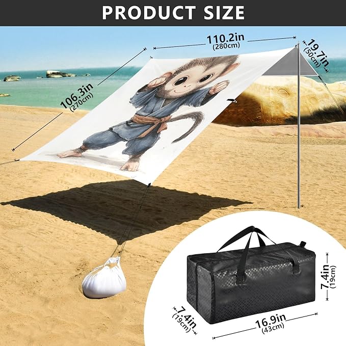 ALAZA Cute Kongfu Monkey Little Sun Wukong Beach Tent Sun Shelter UPF50+ Protection Beach Shade Canopy w/ 4 Sandbags for Outdoor Camping Fishing Backyard Fun Picnic 10x9 ft
