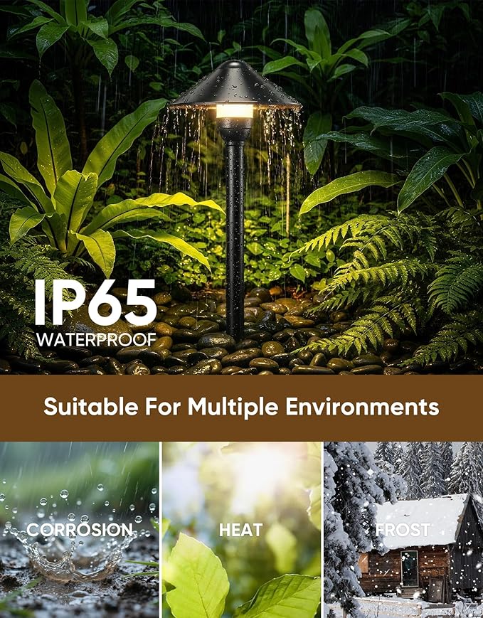 PARTPHONER Low Voltage Landscape Lighting 12-Pack Aluminum 12V Pathway Lights with G4 Bulbs Waterproof Stylish Matte Black Color Round Shade Path Lights with Connectors for Walkway Yard Garden