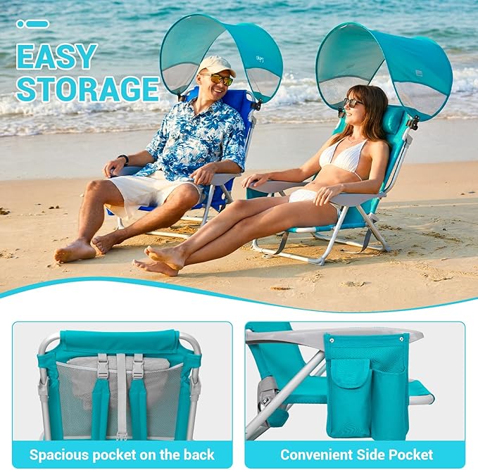 #WEJOY Beach Chair with Canopy Shade Reclining Adjustable 4 Position Lay Flat Lightweight Folding Portable Aluminum Chair with Backpack StrapsPadded headrest Heavy Duty 400lbs Lawn Chair for Beach