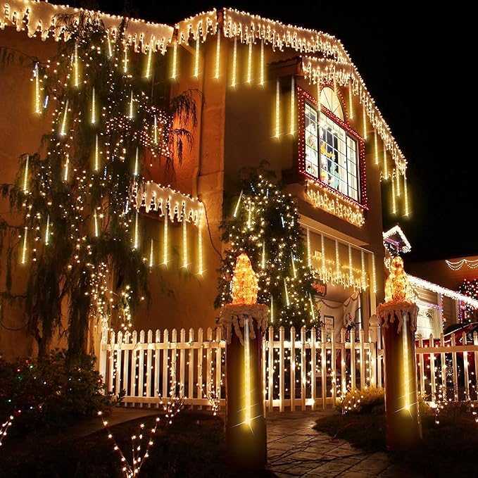QITONG 2 Pack Extendable Meteor Shower Christmas Lights 16 Tubes 384 LEDs Plug in Christmas String Light Falling Rain Snowfall Light Cascading Lights for Xmas Tree Wedding Party (Warm White)