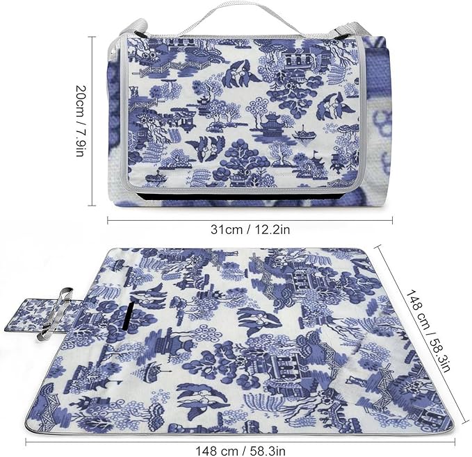 Blue and White Ancient Chinese Folk Chinoiserie Style Waterproof Outdoor Picnic Blanket Sandproof Beach Mat for Camping Hiking Grass Travelling