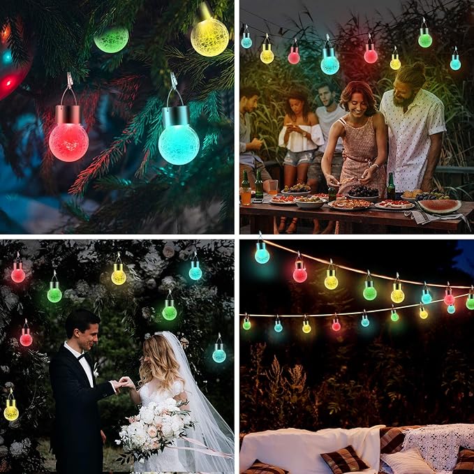 32 Pack Hanging Solar Lights Outdoor Decorative Waterproof Solar Globe Lantern with Handle and Clip Solar Powered Cracked Glass Ball Lights for Garden Yard Patio Fence Tree Umbrella Holiday Décor