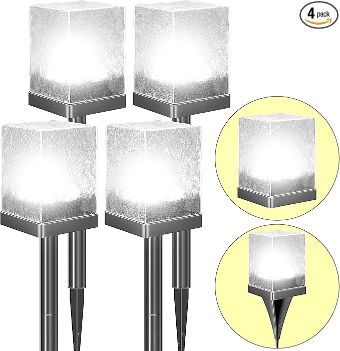 Solar Pathway Lights Outdoor Waterproof Ground Light Featuring Crystal-Clear Ice Brick Aesthetic Multi-use Landscape Decoration Lighting Solar Powered Garden Lawn Lamp (Cool White 4 Pack)