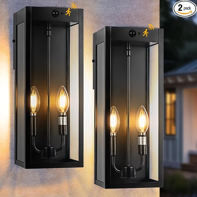 Black Motion Sensor Outdoor Lights 2-Light 16” Modern Dusk to Dawn Sensor Lights for Outside 2 Pack Exterior Wall Mount Porch Lanterns Waterproof Outside House Lamps for Garage Yard E12