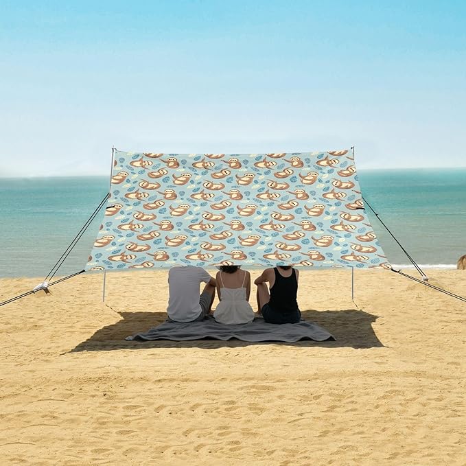 ALAZA Sloth Leaves Beach Tent Sun Shelter UPF50+ Protection Beach Shade Canopy w/ 4 Sandbags for Outdoor Camping Fishing Backyard Fun Picnic 10x9 ft