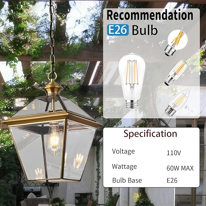 Milaii Copper Brass Outdoor Pendant Light 16.5 H Large Lantern Hanging Light Fixtures Waterproof Porch Light Outdoor Chandelier for Patio Entryway
