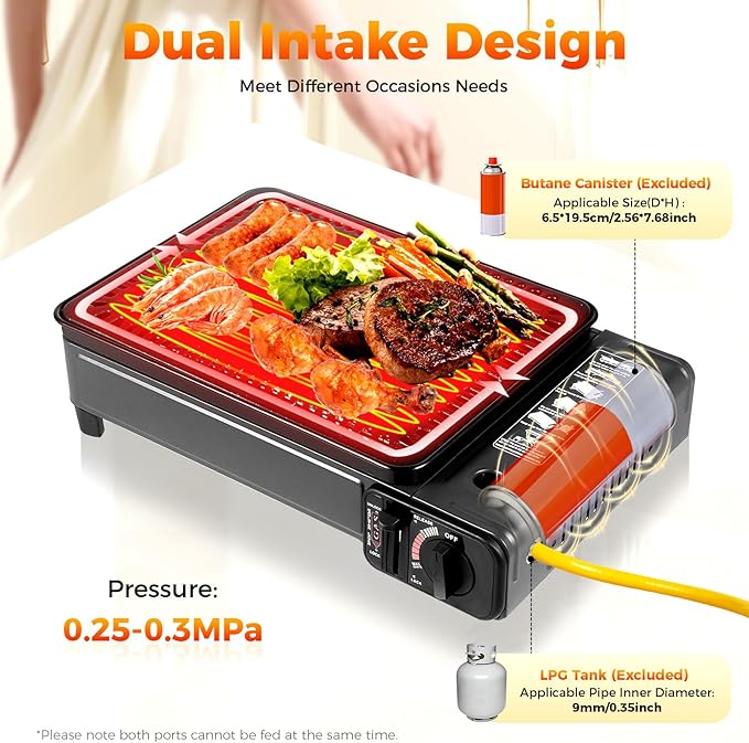 Gas Grill Butane Grill Stove Portable Camping Grill Gas Stove Free Standing BBQ Grill Portable Butane w/Grilling Net Carry Case for Camping Traveling Outdoor Cooking Black