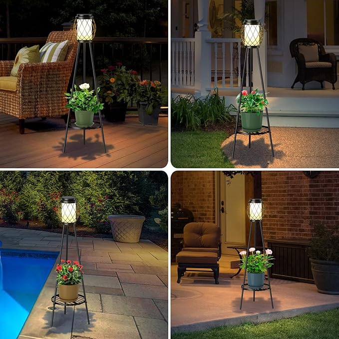 MXwcy Solar Lights Outdoor with Plant Stands 2 Pack Solar Floor Lamp Metal Tripod Patio Lights for Garden Yard Pathway Driveway Front/Back Porch Decoration