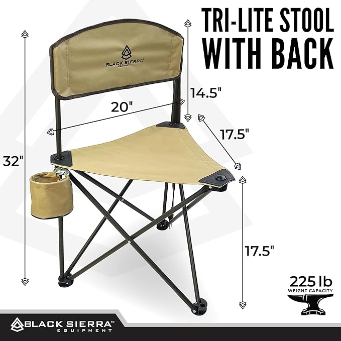 Black Sierra Tri-Lite Stool with Back Lightweight Folding Chair for in the Hunting Blind Camping and Fishing Steel Frame Supports 225 LBS