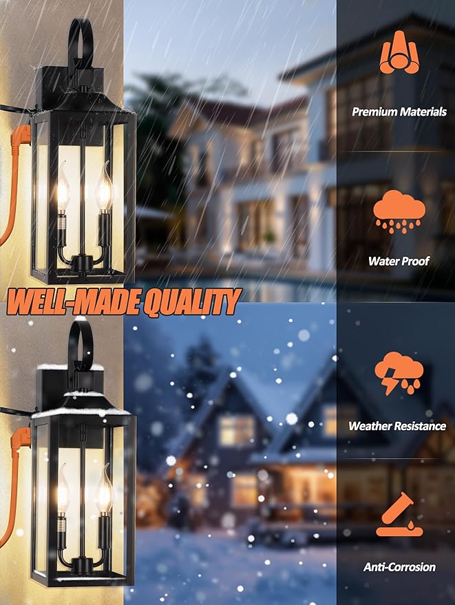 19 Large Porch Light with Outlet Black Large Outdoor Wall Lantern 2-Light Exterior Lighting Fixtures Modern Outdoor Wall Light with Outlet Farmhouse Sconce Lantern for House Front Door Garage