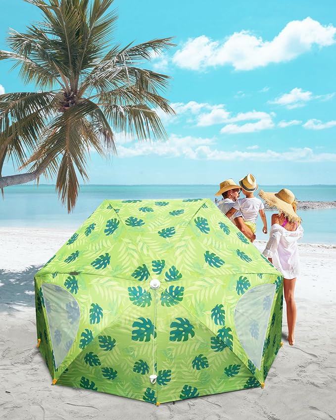 OutdoorMaster Pop Up Beach Umbrella Portable Beach Tent Shelter Beach Shade Sun Canopy with UPF 50+ UV Protection Extendable Floor with Carrying Bag