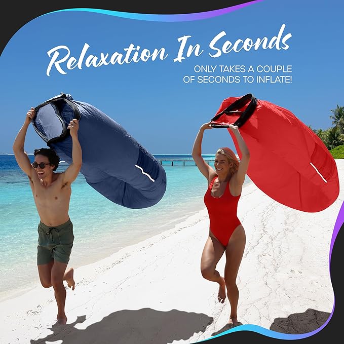 Nevlers Navy &amp Red Inflatable Lounger 2 Pack | 210T Polyester Inflatable Couch | No-Pump Blow Up Chair Set| Inflatable Sofa w/ 450lbs Capacity Pockets &amp Matching Bag for Use as Festival Acces