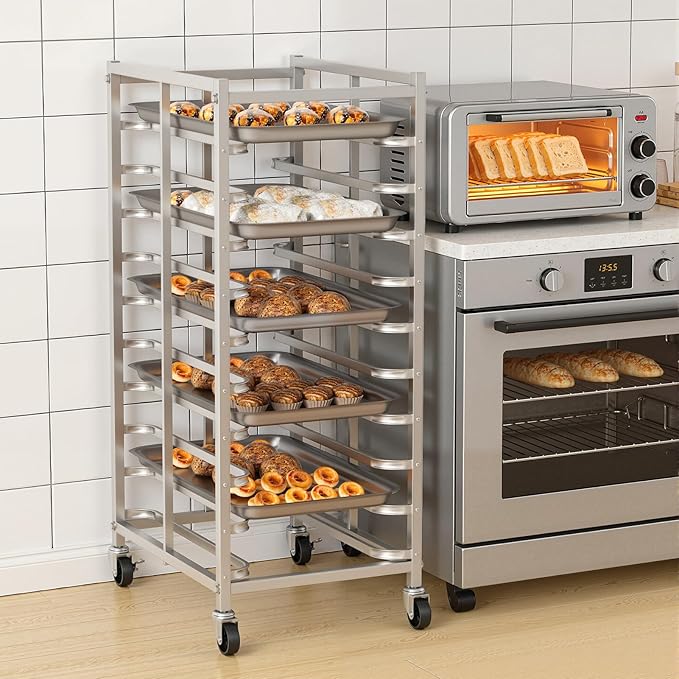 10 Tier Bakers Rack with Wheels Pan Rack Stainless Steel Baking Sheet Pan Cart for Half &amp Full Size Commercial Speed Rack with Brake Casters for Kitchen Bakery Restaurant (10)