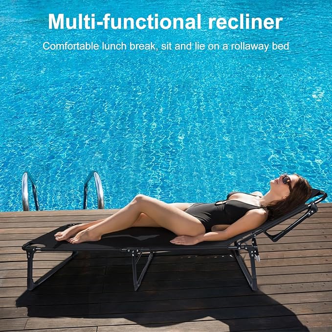 Camping Cots for Adults Adjustable 4-Position Reclining Folding Chaise with Pillow Load Capacity 200kg Outdoor Lounge Chair Sleeping Cot Bed for Office Pool Beach Patio 75cm